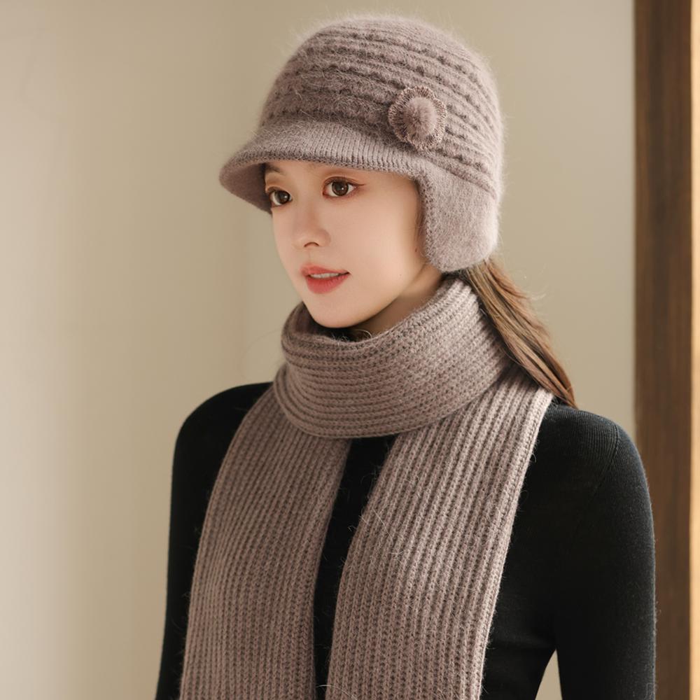 

Новый стиль Женская мода Зимний костюм для сохранения тепла Женские щегольские шапки-бини для женщин Повседневная вязаная шапка из смеси кроличьего меха Зимний комплект шапок 55cm-58cm хаки