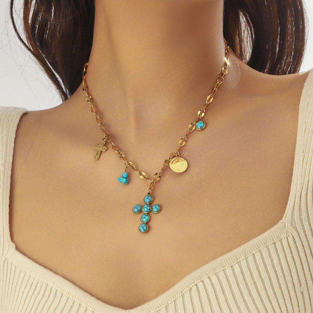 Vintage Ocean Pendant Necklace Metal Chain Multilayer Pearl Necklace Eyes of Demon Necklace  Lady