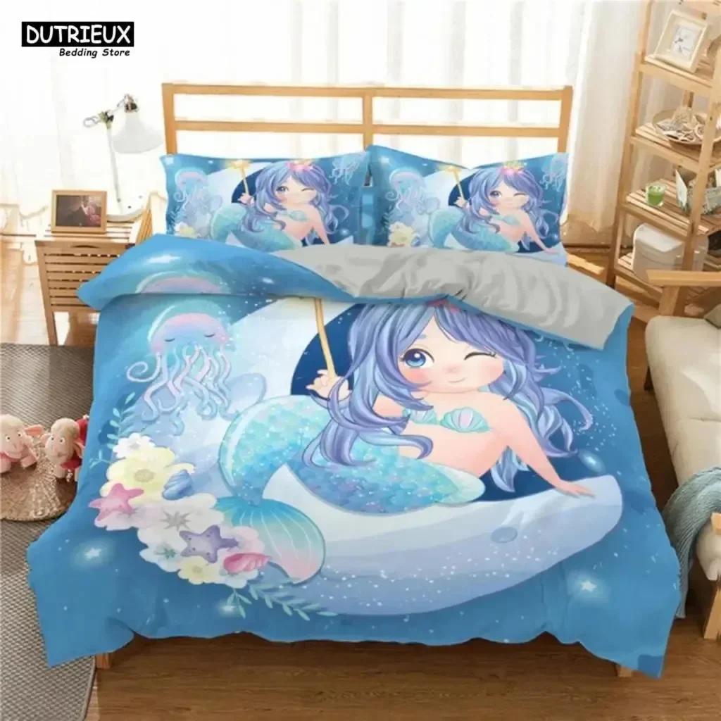 Luxury New 3D Print Cartoon Blue Mermaid Duvet Cover Beautiful Girl With Unicorn Bed Cover Single Double Queen King Bedding Set