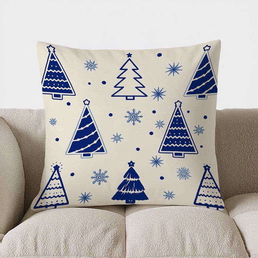 Home Decor Blue Christmas Trees And Snowflakes Pillow Cover Pattern Cushion Cover Suitable For Sofa Bedroom Car Pillow Cover