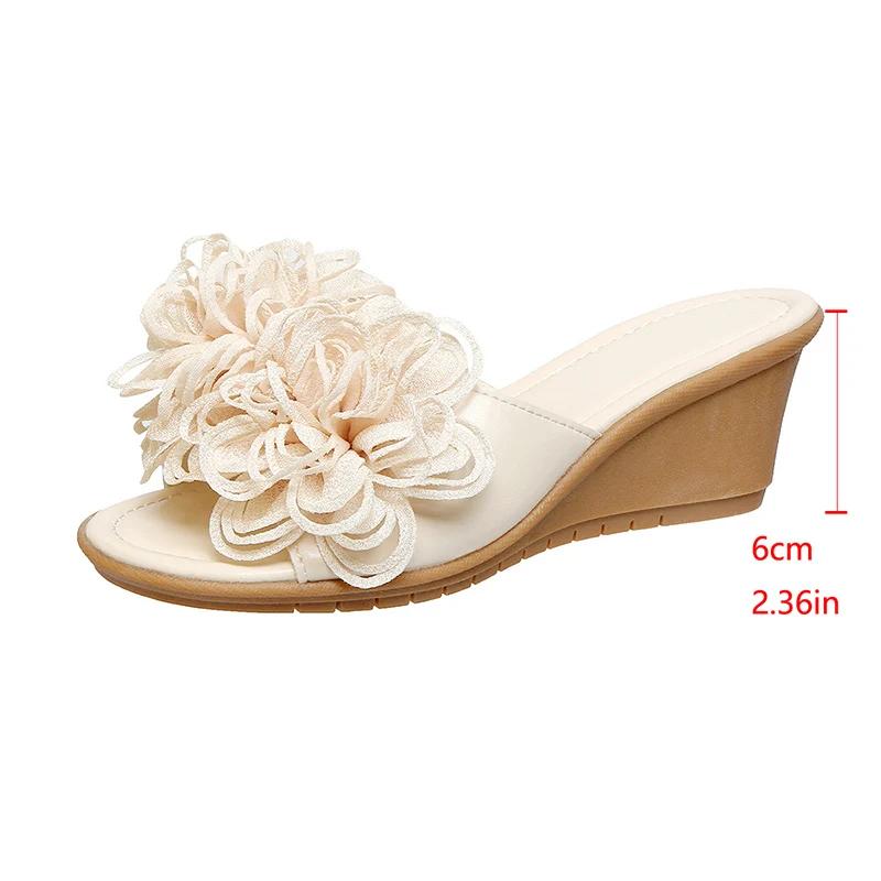 Fashion 2025 Big Flower Decor Pu Leather Slippers Women Summer Non Slip Wedge Sandals Woman Office Laides Solid Platform Slides Female