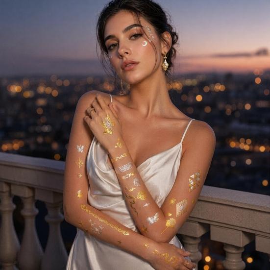Golden Silver-color Metallic Tattoo Sticker for Women Girls Temporary Tattoo Sticker