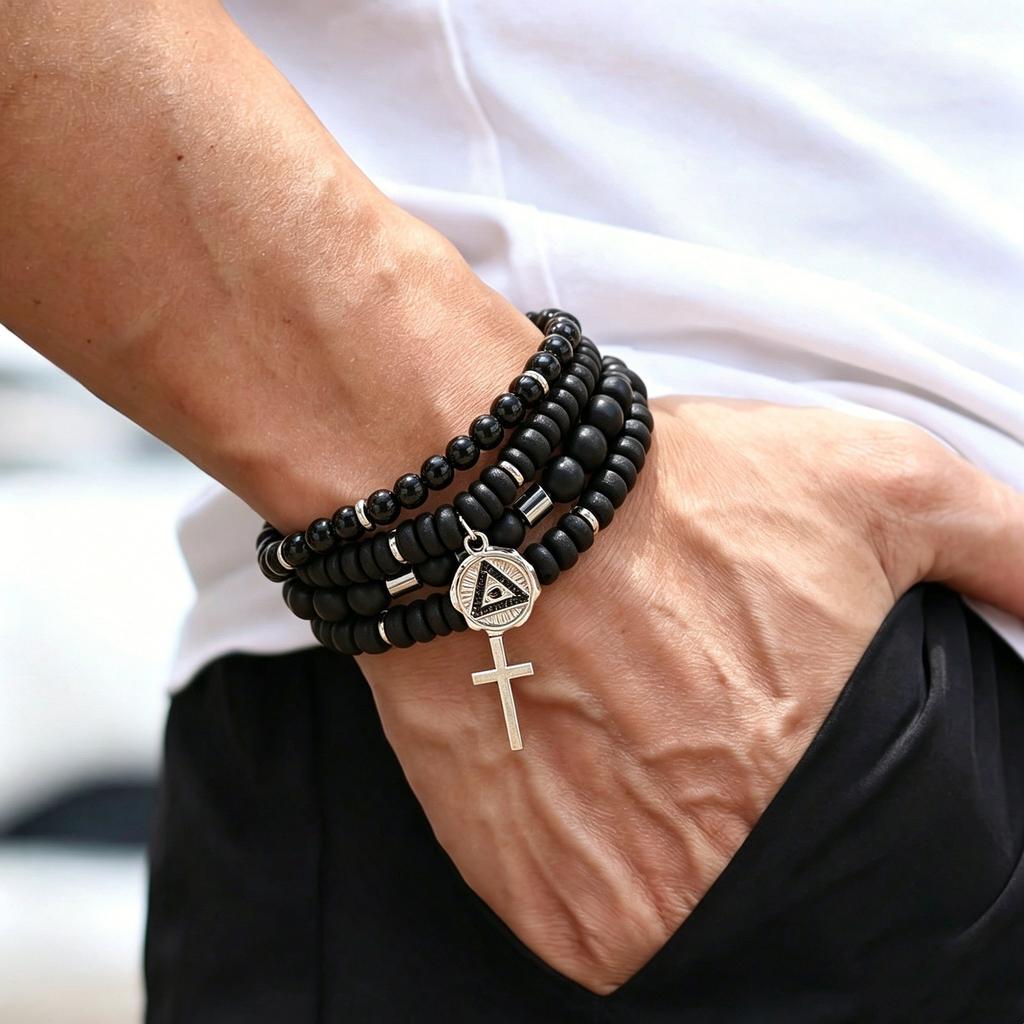New Men's Beaded Bracelet Set, Map Stone Black Gallstone Cross Bracelet Elastic Bracelet Combination