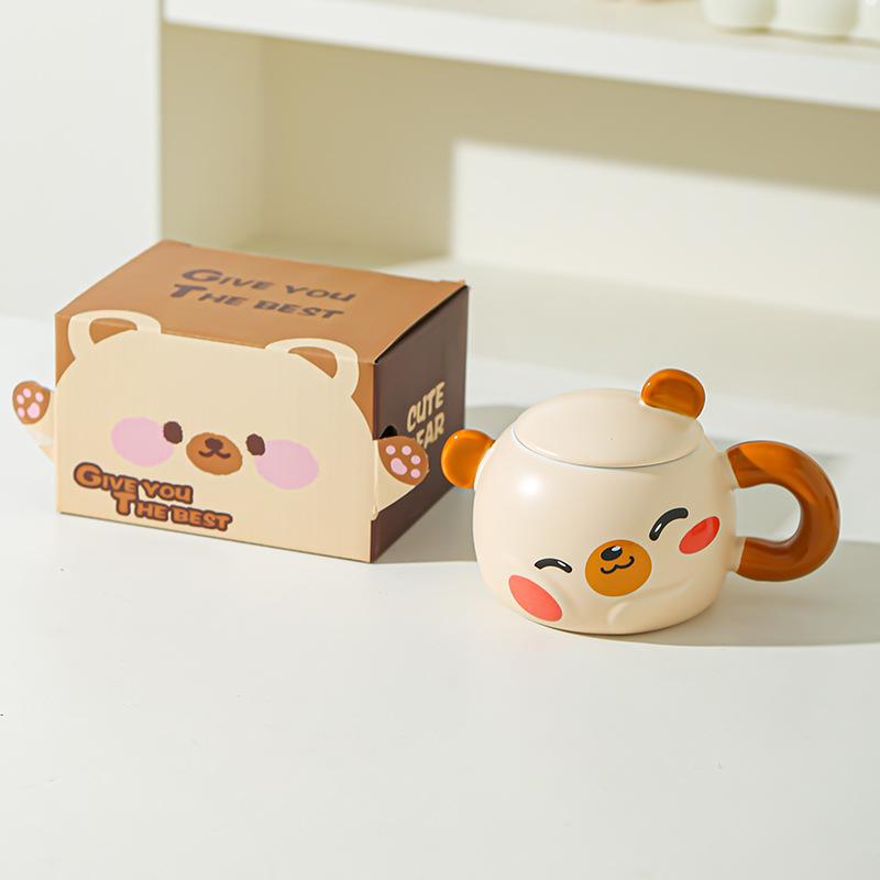 

Креативная керамическая чашка с крышкой с мультяшным медведем для дома, для завтрака, детская, парная чашка, сувенирный подарок, кружка высокой ценности 301-400ml