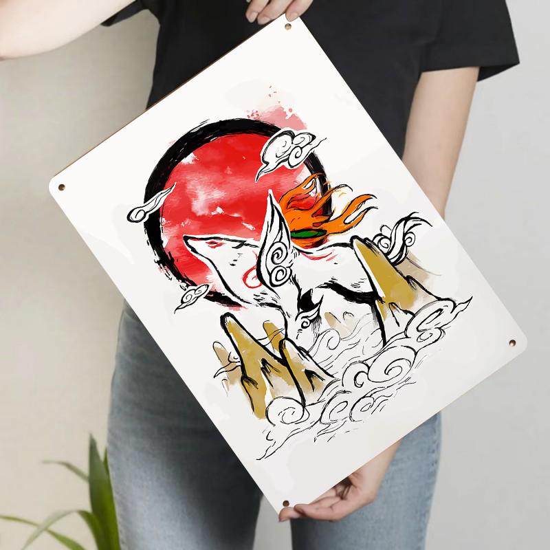 

Chinese Style NineTailed Fox Metal Iron Painting Red Sun Cloud Mountain Wall Art Decor Hanging 20x30cm（7.8x11.8inch）
