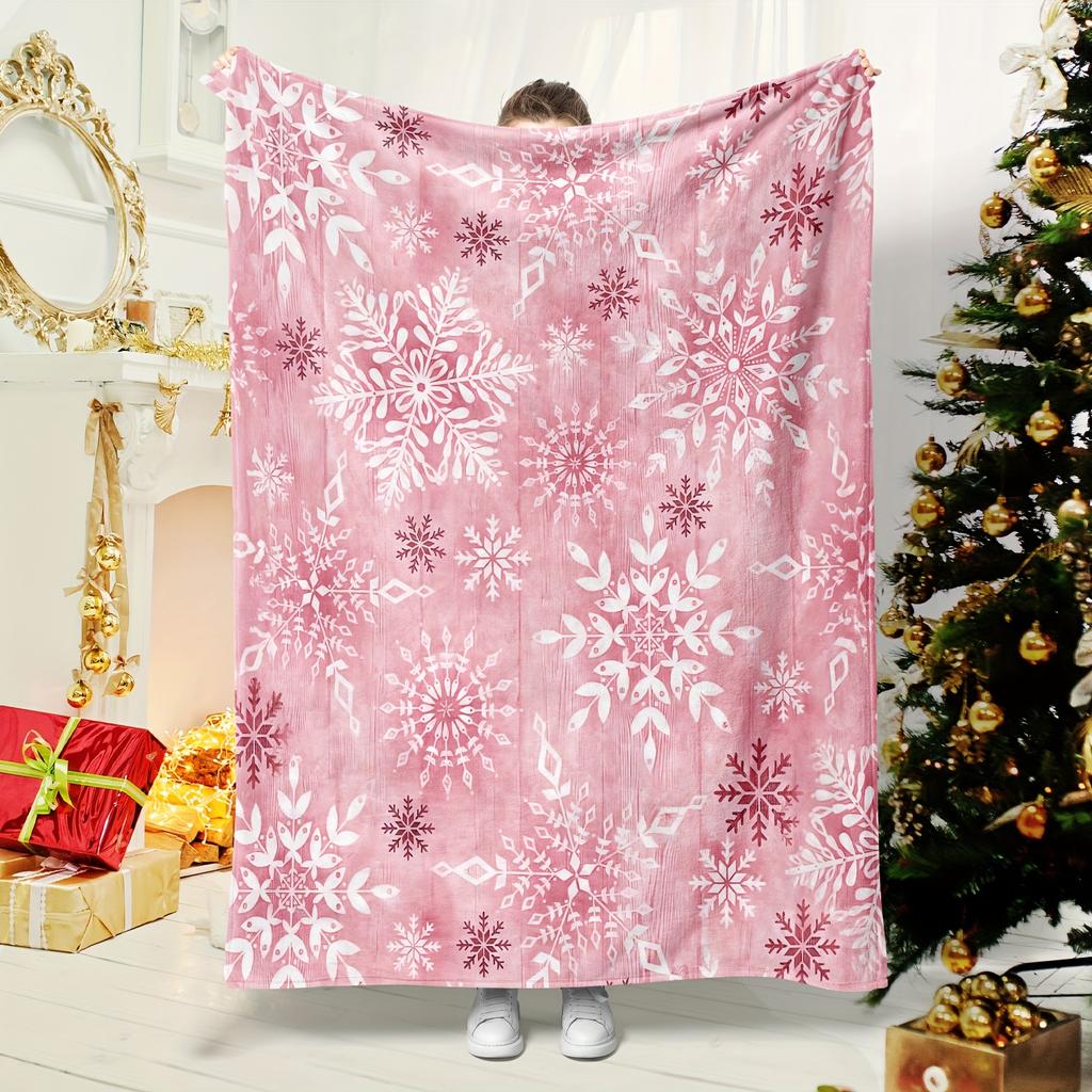 1pc Contemporary Style Pink Flannel Blanket, Digital Snowflake Print, Soft Throw for Christmas, Winter, Bedroom, Sofa, Living Ro