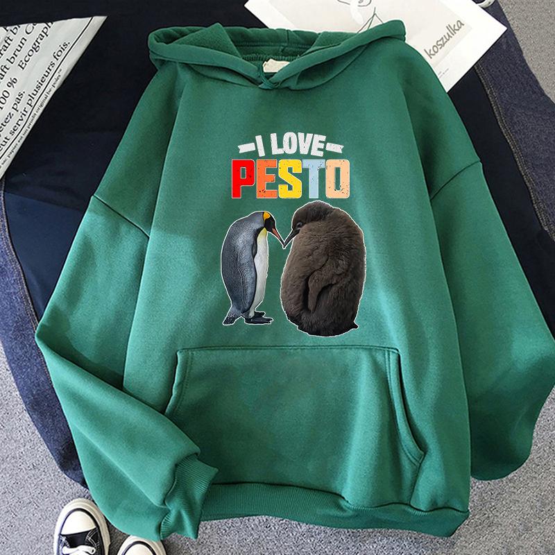 Funny I Love Pesto Penguin Hoodie Kawaii Anime Graphic Pullovers Men Women'S Harajuku Short Sleeves Aesthetic Sweatshirts Korea