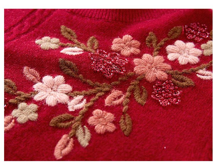 Women's 100% Pure Wool Embroidered Sweater - New 2025 Autumn/Winter Collection for Middle-Aged and Elderly