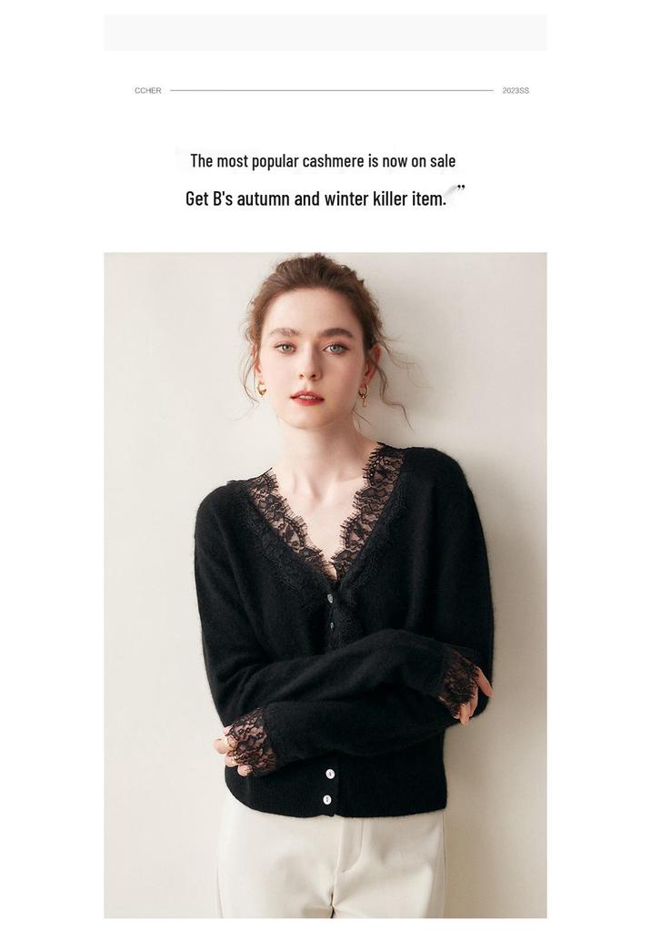 Lace Trim V-Neck Cashmere Cardigan for Women - Short Knitted Wool Sweater Coat with Long Sleeves for Autumn/Winter 2024