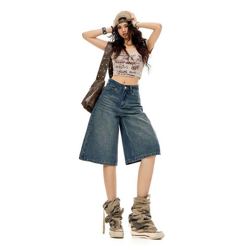 Trendy Summer Heavy Washed Denim Cropped Capri Pants Ladies Mid Rise Loose Straight Wide Leg Trousers Versatile Slimming FigureFlattering Casual Style