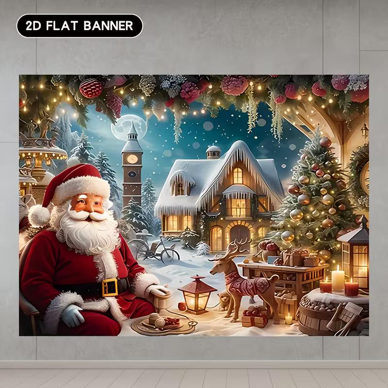 2D Weihnachts-Rentier-Wandteppich, Magische Winterlandschaft mit verschneitem Dorf und Rentieren