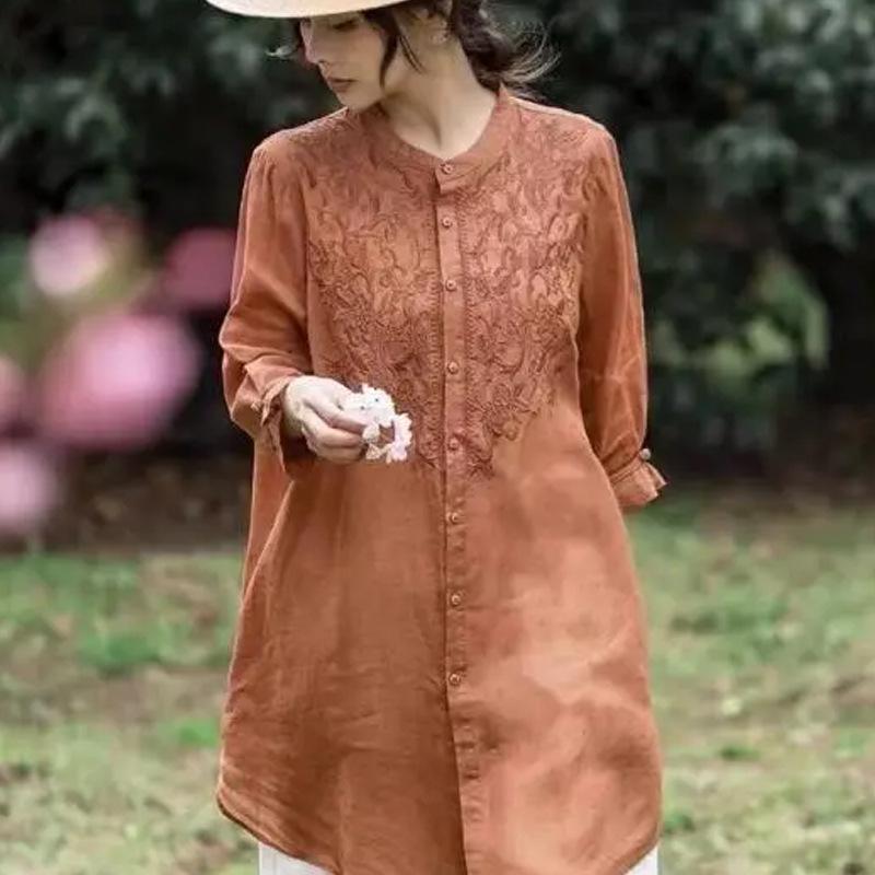 

Женский 2024 Ретро Вышитый Хлопок Лен Воротник-стойка Средней Длины Рубашка-пальто XXXL (145-160 jin)