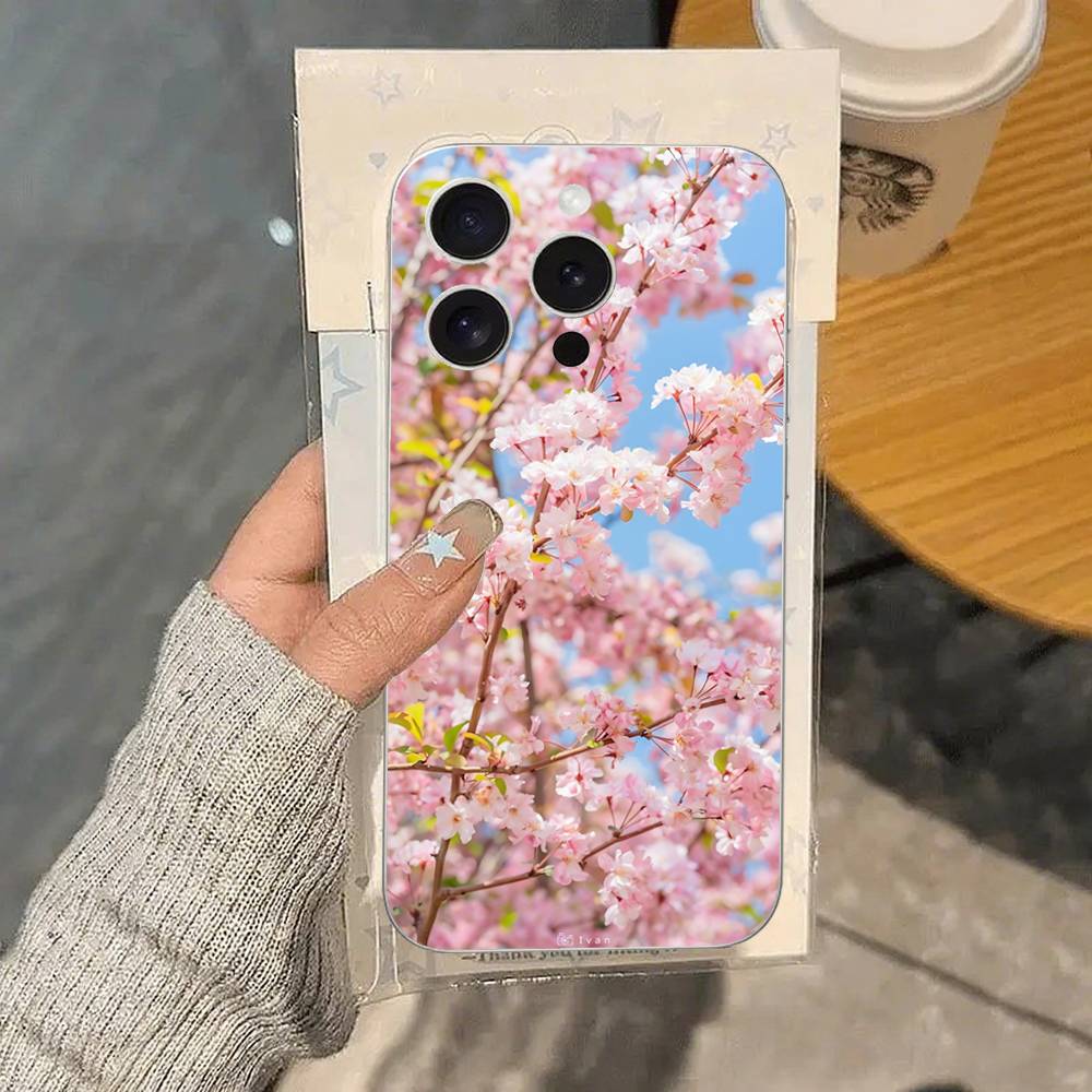 Pink Sakura Phone Case For IPhone 17 16 15 14 Plus 13 12 11 Pro Max Phone Back Cover Transparent Shockproof Cover