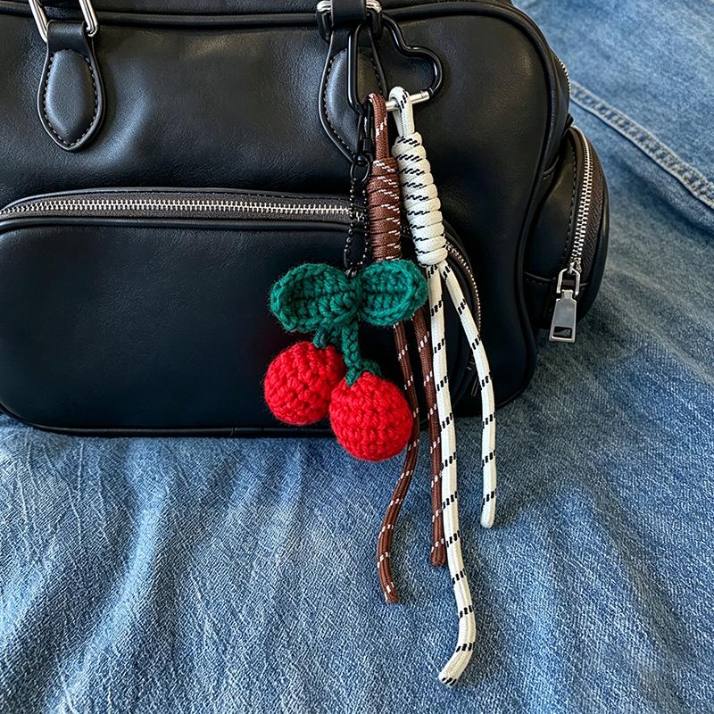 Yogodlns Cute Pumpkin Pendant Handwoven Mini Pumpkin Keychain Crochet Cherry Bag Pendant Bagpack Decor Charm Gift Ornament