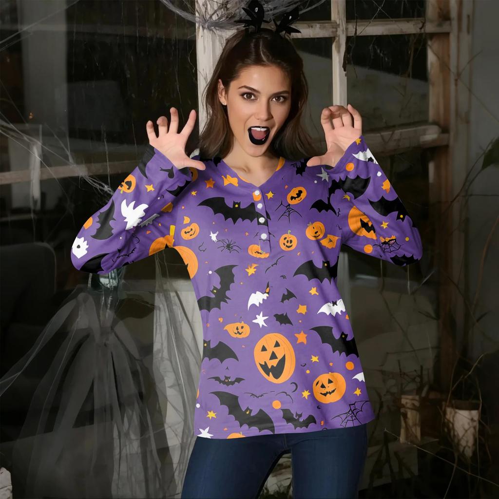Women's Casual Fashion Sexy Comfort Halloween Printed V-Neck Button Long Sleeve