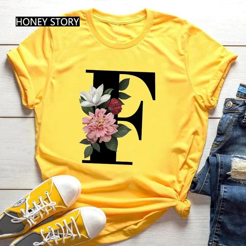 Women's Summer Short Sleeve T-Shirts Fashionable Casual Round Neck 26 English Letters Flower & Name Letter Printed Cotton T-shirts