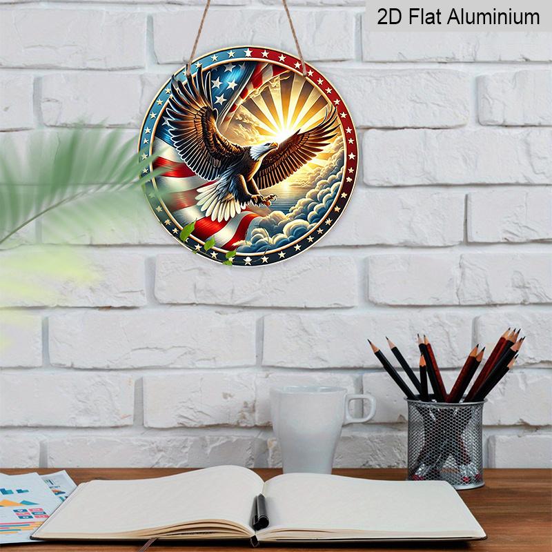 2D Flat 1pc American Flag Aluminum Metal Tin Sign, Freedom Spirit Round Aluminum Sign, Eagle Soaring 7.87X7.87 Round Aluminum Sign - Patriotic Pride