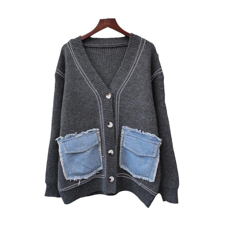 Autumn and winter new splicing denim pocket sweater jacket high-end loose and versatile knitted cardigan women