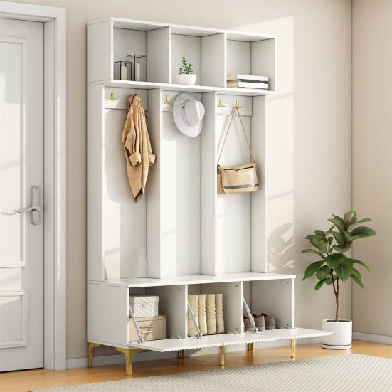 Wardrobe Set with Bench, Multifunctional Storage Bench, Open Storage, 6 Golden Hooks And Feet, Suitable for Hallway, Living Room, White