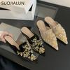 Fashion SUOJIALUN 2024 Autumn New Brand Women Slipper Fashion Pointed Toe Slip On Mules Shoes Soft Flat Heel Outdoor Dress Slides Shoes