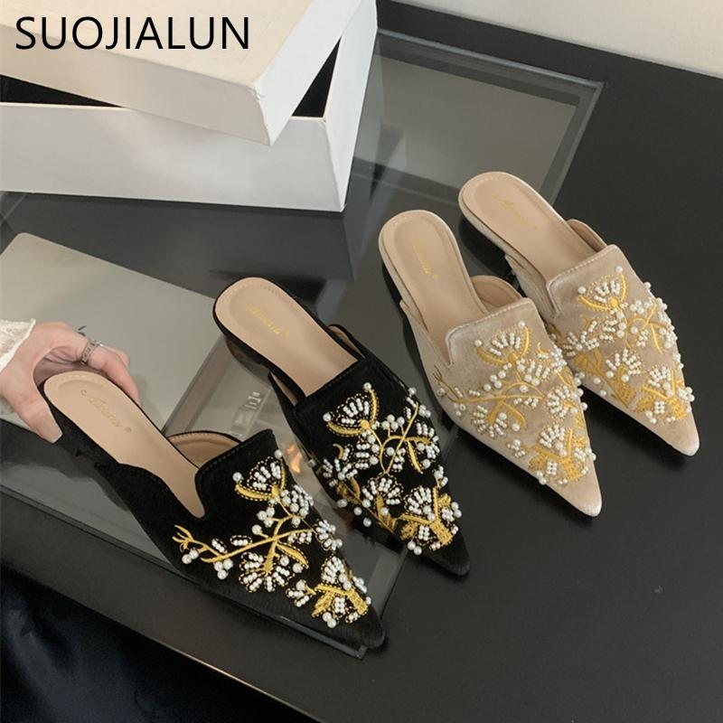 Fashion SUOJIALUN 2024 Autumn New Brand Women Slipper Fashion Pointed Toe Slip On Mules Shoes Soft Flat Heel Outdoor Dress Slides Shoes