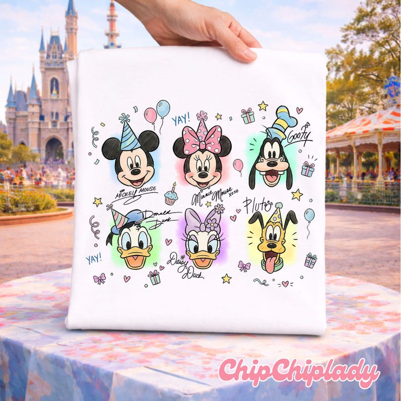 Watercolor Mickey & Friends Signature Birthday Shirt, Disney Mickey Minnie Donald Pluto Birthday Present Gift Tee, Disneyland Family Trip 150