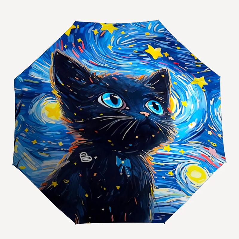 1pc Starry Night Kitten Pattern Automatic 3-Fold Umbrella, 8 Steel Frames, High-Value Folding Umbrella, Suitable for Office, Travel and Outdoor A