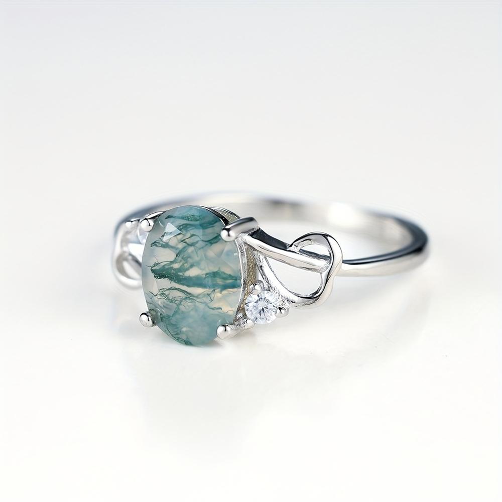 Eleganter S925 Sterlingsilber Ovaler Natürlicher Wassergras-Achat Verlobungsring für Damen Ehering Schmuck Geschenk