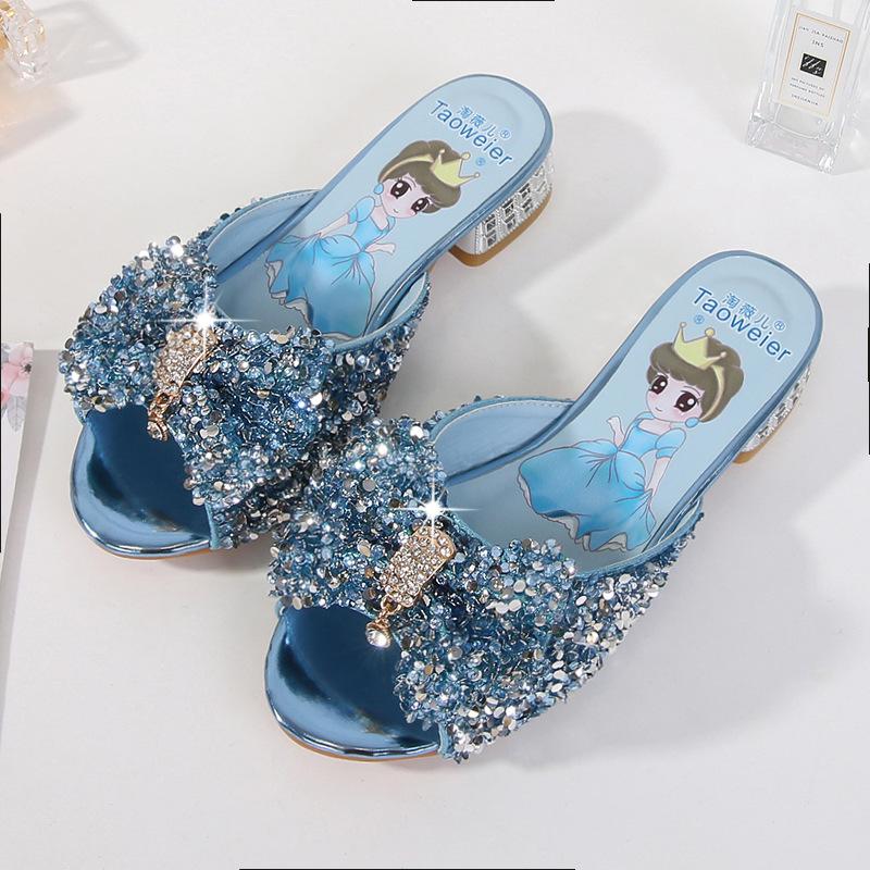 Girls' high-heeled cool slippers summer new children's princess crystal shoes medium and older children's beach shoes