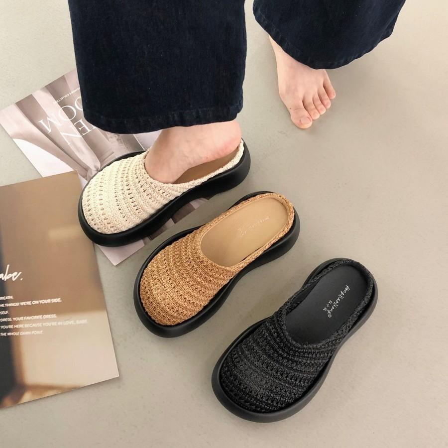 Spring and summer 2025 new thick-soled inner height increase bag head weaving one pedal outer wear slippers casual versatile women's slippers