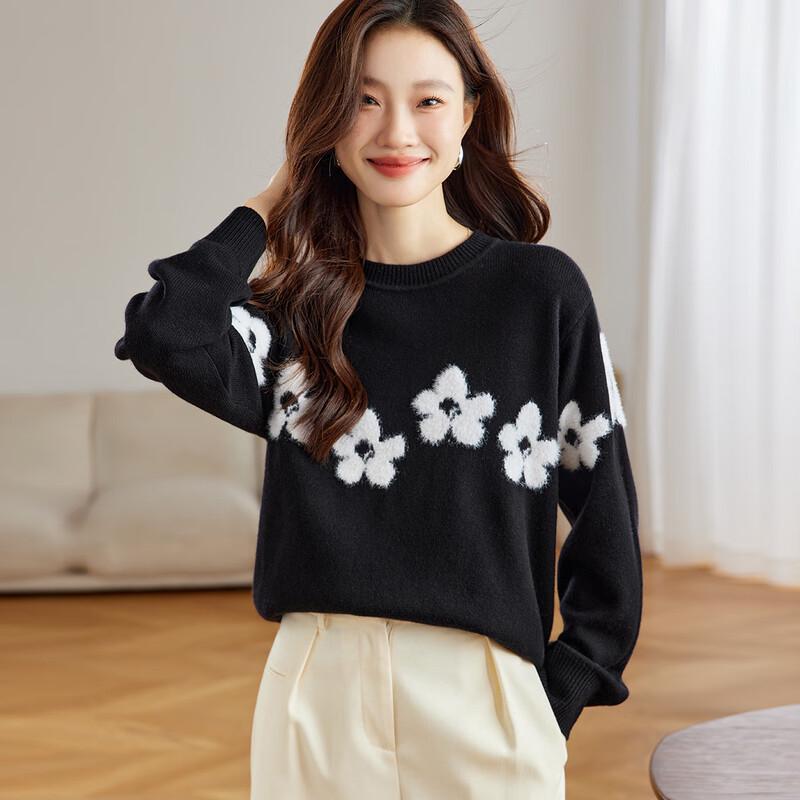 

Srcr Женский короткий свитер из 100% шерсти свободного кроя, вязаный интарсией L