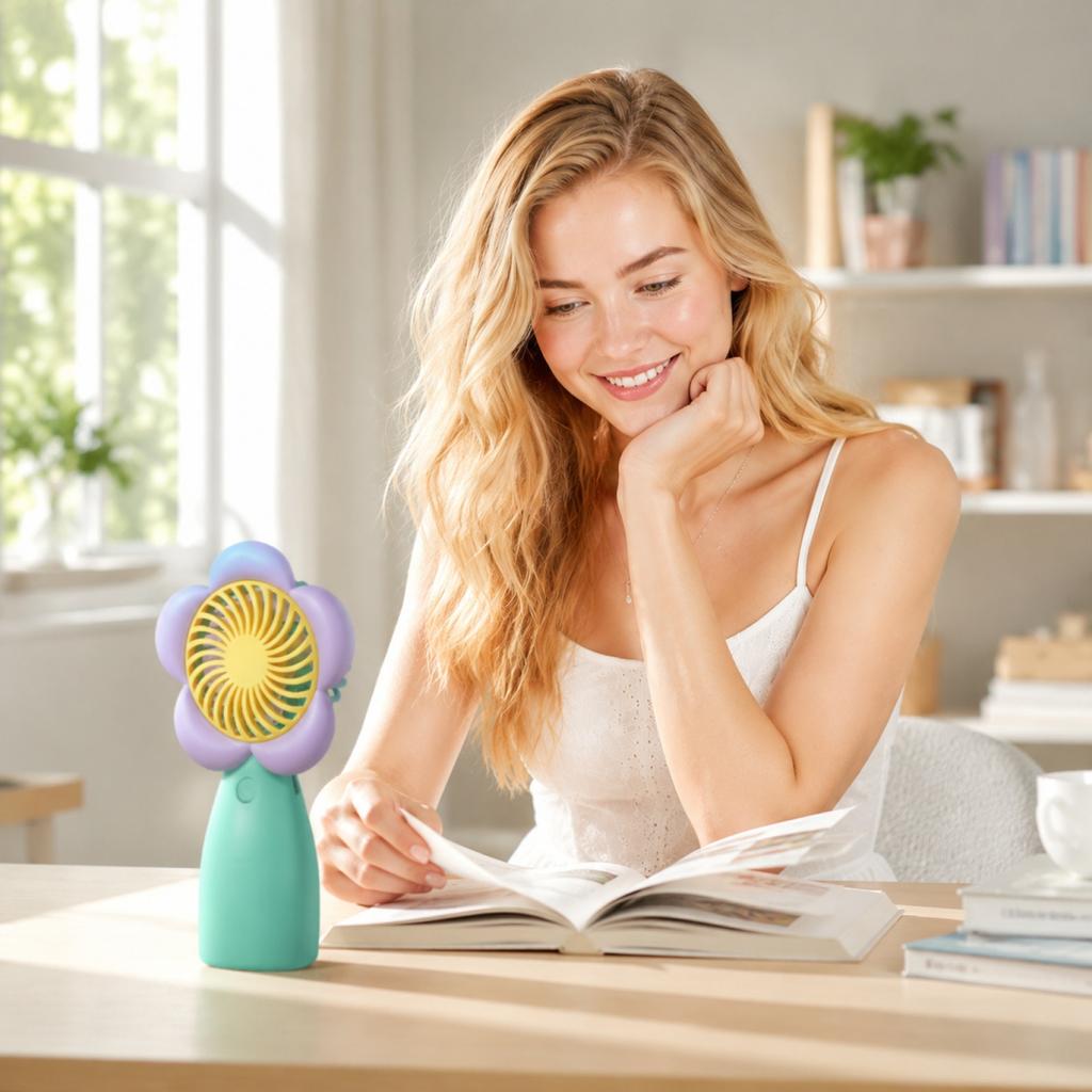 Ventilatore da scrivania a forma di fiore ricaricabile USB, Ventilatore portatile a mano per la casa