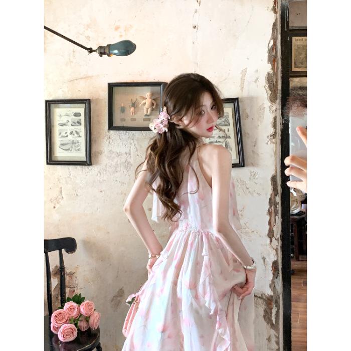 Beauty skirt/French romantic fairy air smudge neck irregular vacation pink floral atmosphere long dress summer S