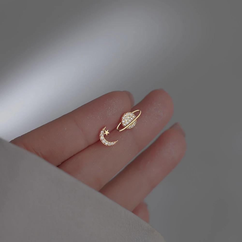 Fashion Jewelry Simple Asymmetry Star Moon Planet Stud Earrings Gold Silver Color for Women Trendy Ear Pendants золотой