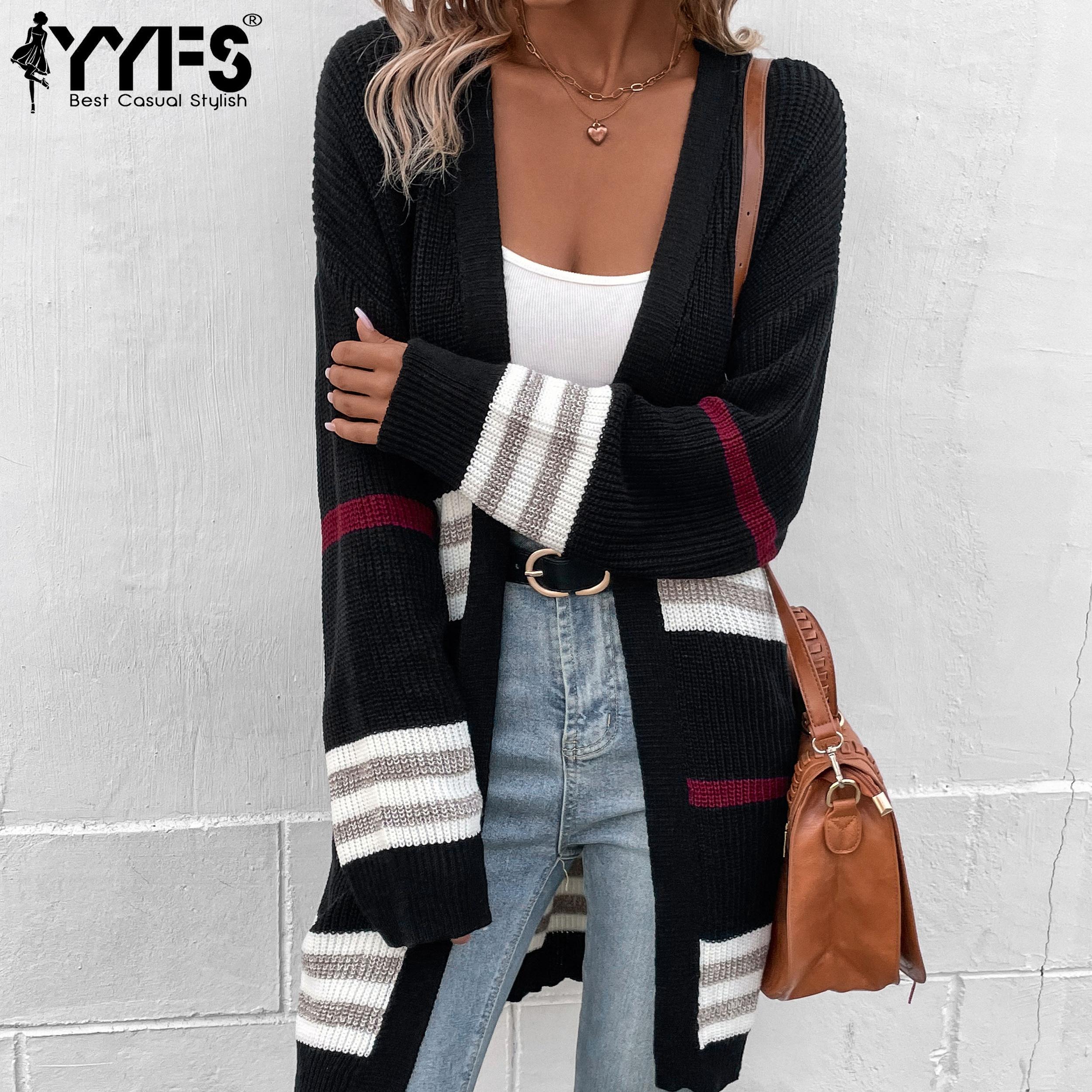 

YYFS женские модные повседневные кардиганы в полоску с принтом осень-зима с длинными рукавами