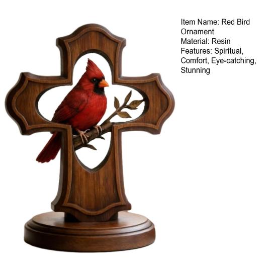 Red Bird Crucifix Figurine Handcrafted Resin Tabletop Ornament with Crimson Color And Olive Branch Design Religious Christian Gifts for Women Men