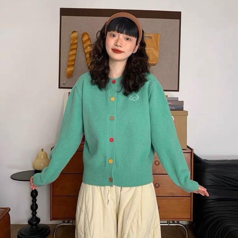 Embroidered Women's Knitted Cardigan Crew Neck Colored Button Solid Color Sweater Korean Version Sweet Woman Casual Long Sleeved Coat
