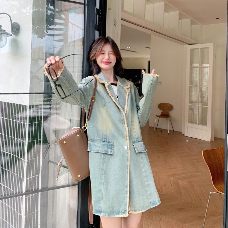 Blue Casual Denim Jacket for Women Mid-length Autumn New Korean Style Retro Loose Suit