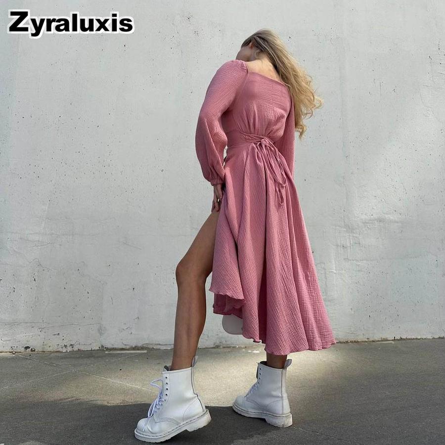 New Autumn Sexy Slit Dress for Women, Long Wrinkle Fabric Midi Skirt Female French Style Long Sleeve Square Neck Dress