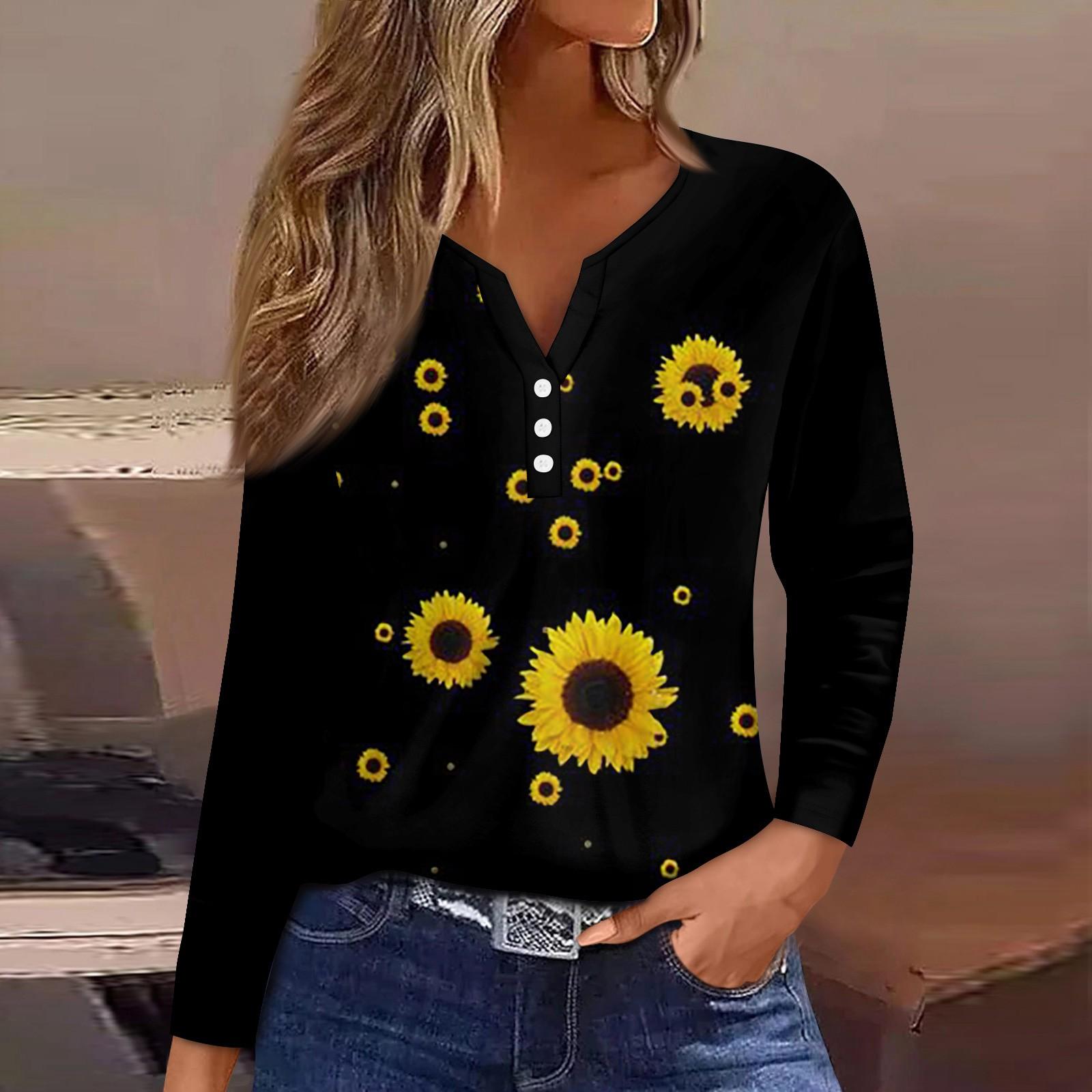 

Жен. Футболка Футболка Пуговицы Цветочный принт Длинный рукав Повседневные Выходные Мода Классический Классический V-образный вырез Обычный Топ L чёрный