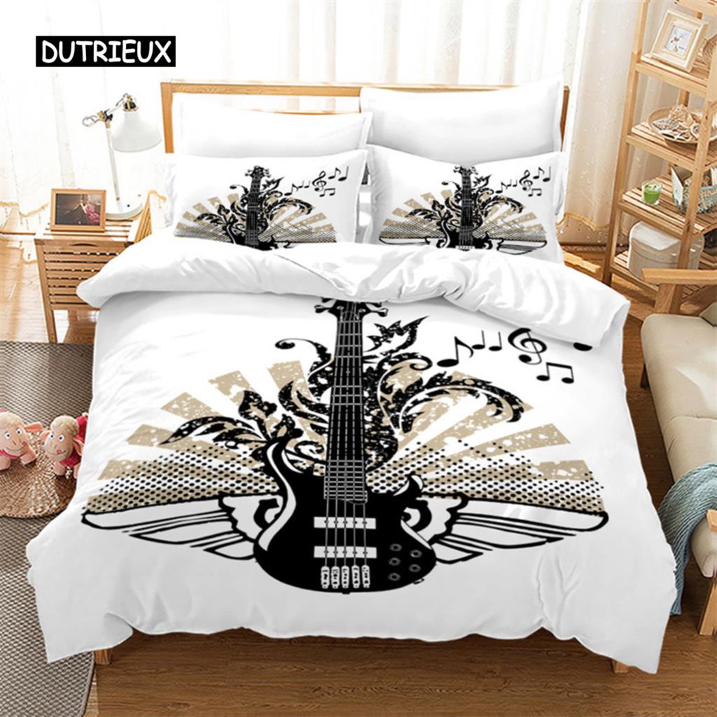 Guitar Queen Duvet Cover Rock Music Theme Bedding Set Grunge Color Splashed Brick Wall Background Electronic Guitar Mics Design