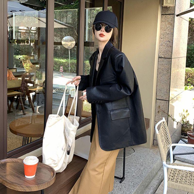 Jachetă elegantă din piele PU neagră pentru femei, jachetă de primăvară și toamnă, secțiune lungă, croială lejeră, stil stradal, jachetă
