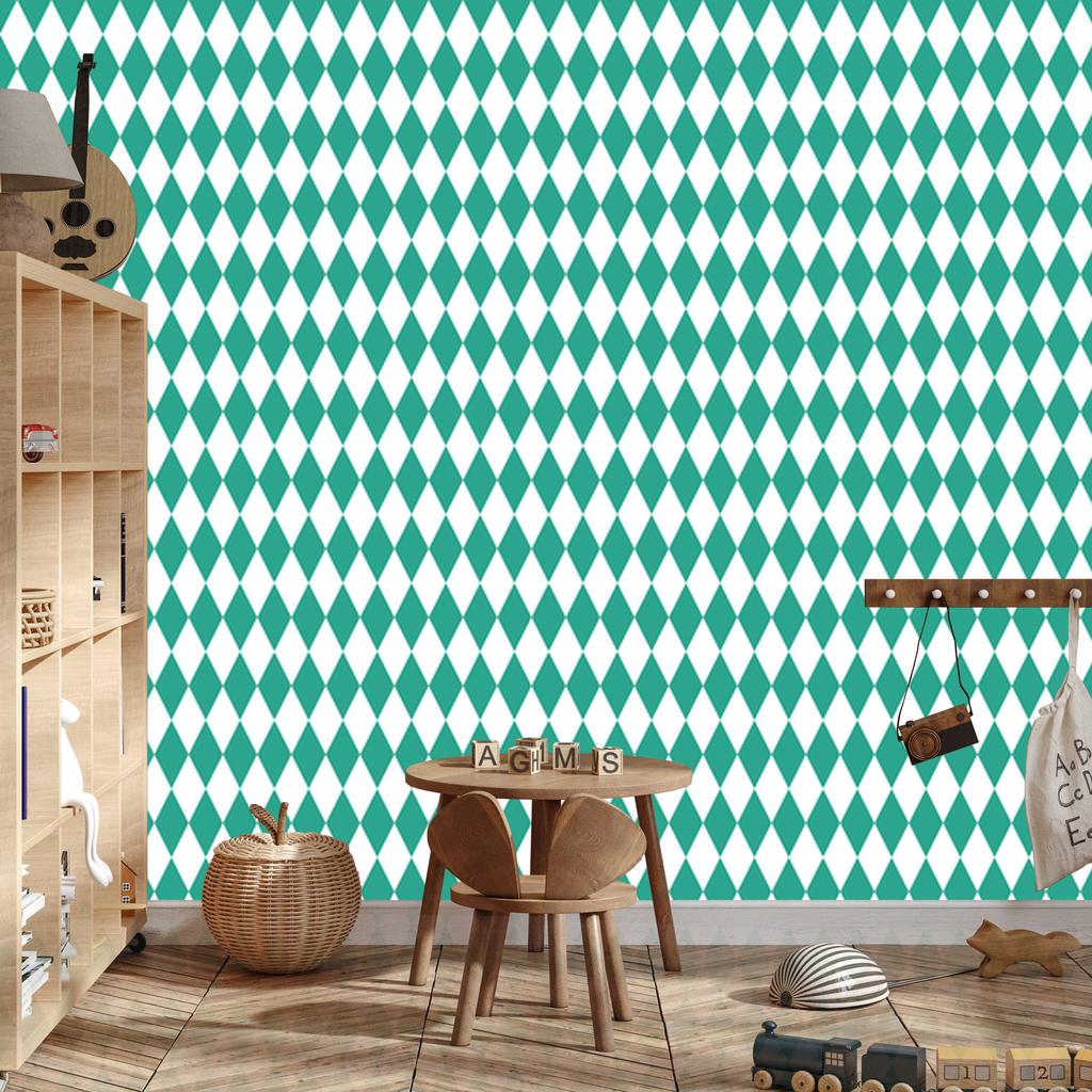 Harlequin Diamonds Wallpaper, Sea Green and White, for Living Room and Bedroom, 50x1000