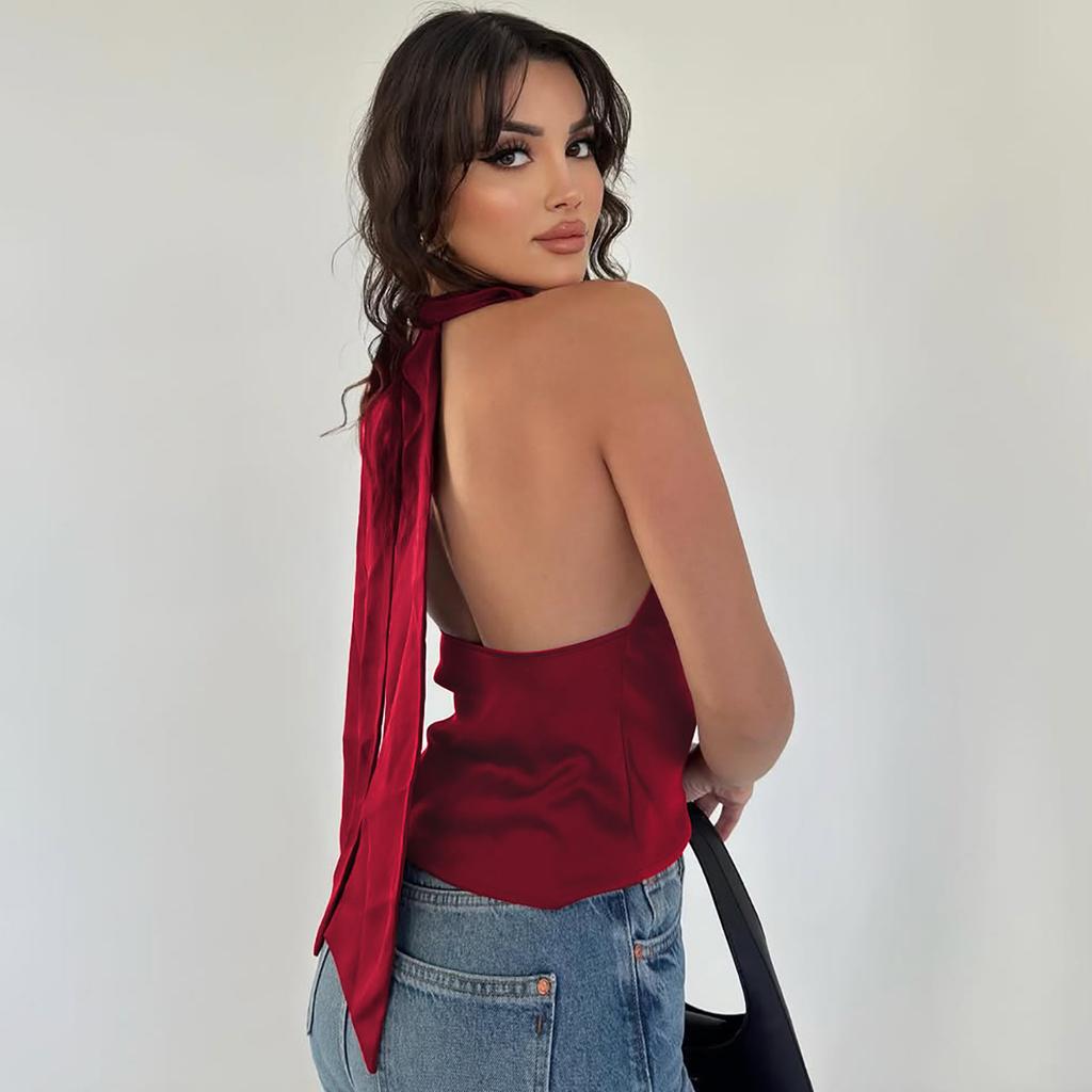 European and American women's clothing summer new fashion Spice Girls sexy backless solid color slim-fitting strap-on top tide