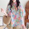 Ladies Summer Bohe Shirt - Oversized Short Sleeve Button Down Flower Printed Top for Casual Layering