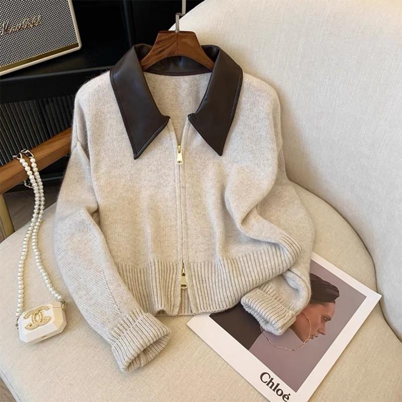 Womens Oversized Cashmere-Blend Knit Cardigan With Leather Trim Polo Collar Zipper Front