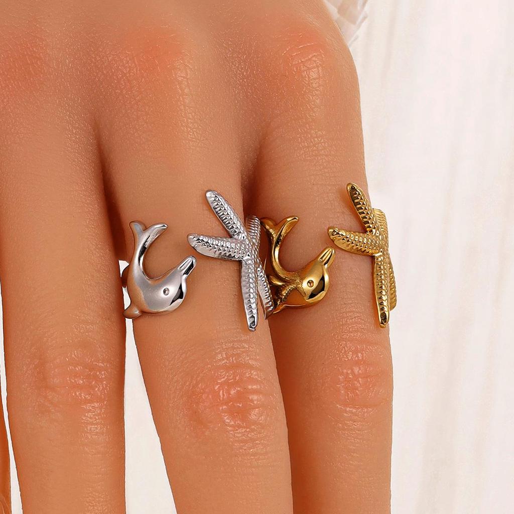 Stainless Steel Marine Animal Ring for Women - Starfish & Dolphin Design, Adjustable Size