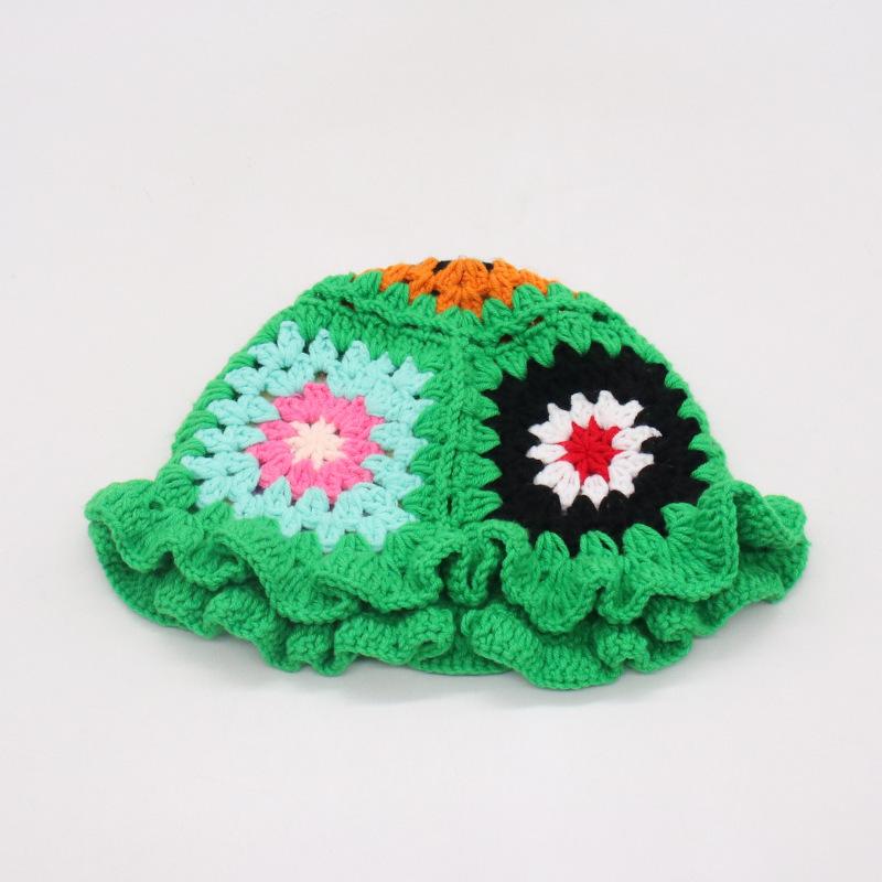 Ins Hyunya Style Hand-Woven Colored Flower Pot Hat Retro Breathable Bag Head Bucket Hat Knitted Hat