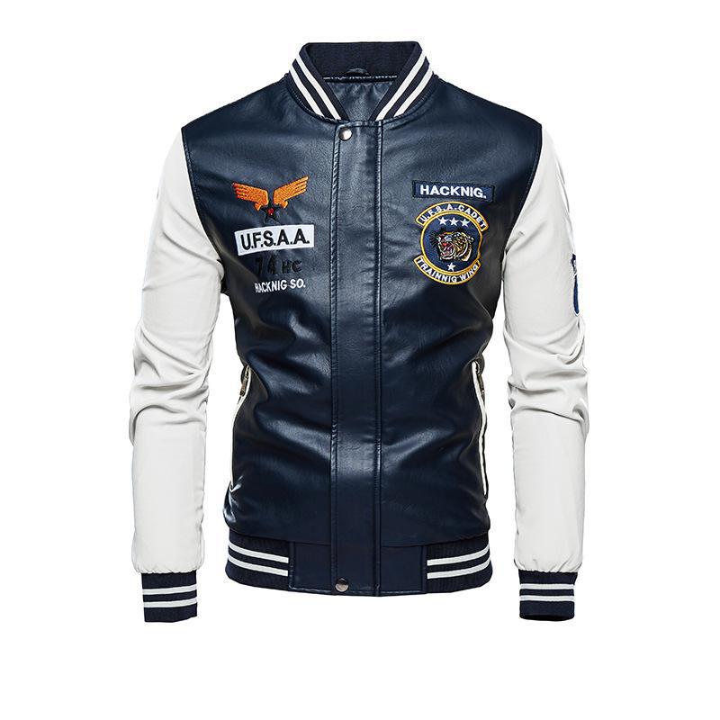 Motorcycle Leather Jacket Men's Casual Embroidered Baseball Jersey Slim Fit Zipper PU Jacket