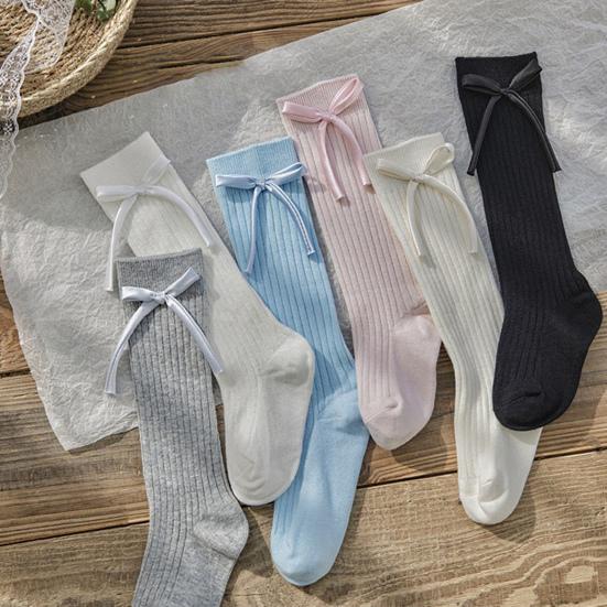 1 Pair Children Socks High School Long Tube Solid Color Stockings Princess Style Bow Decor Calf Socks Spring Autumn Wear